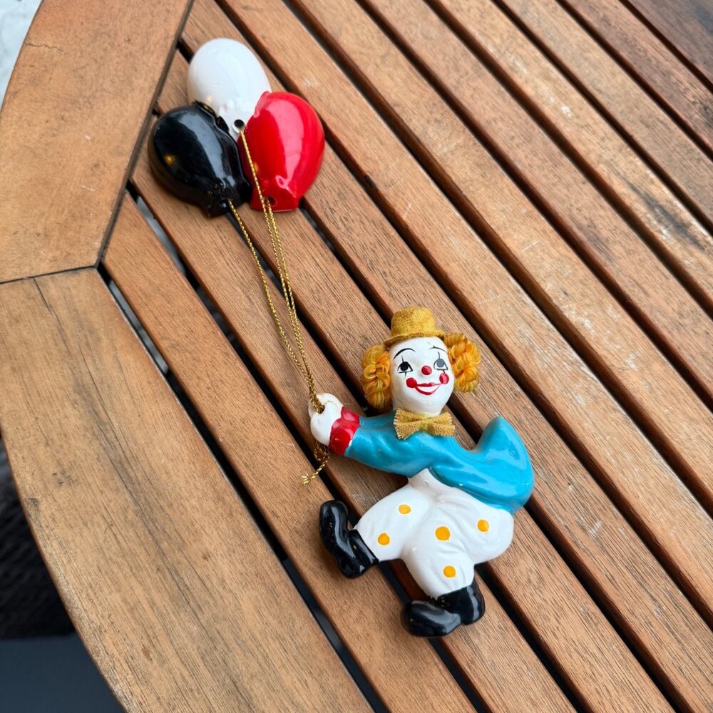 Vintage Hand-Painted Ceramic Clown Ornament With Red/Black/White Balloons Hangin